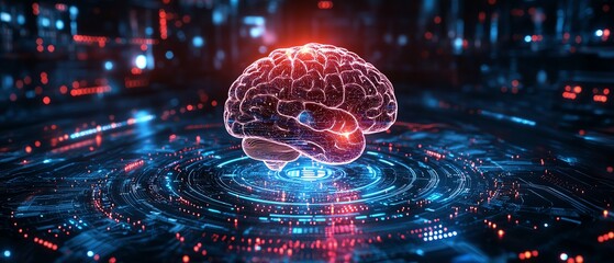 Poster - A futuristic concept of big data and artificial intelligence, with a glowing human brain inside a processor, representing the technological evolution of data and intelligence