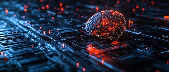 Poster - A futuristic concept of big data and artificial intelligence, with a glowing human brain inside a processor, representing the technological evolution of data and intelligence