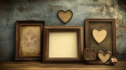 Poster - Old photo frame for album and scrapbook. Realistic vector illustration set of vintage picture borders in form of horizontal rectangle, heart and circle. Retro memory snapshot sticker mockup.