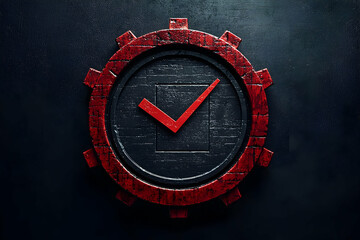 Poster - Red checkmark gear, dark background, project completion