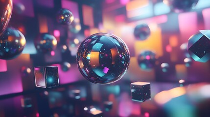 Sticker - Surreal abstract spheres and cubes with vibrant reflections floating in a digital space
