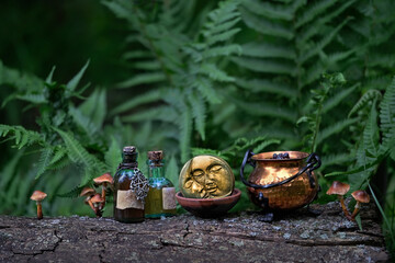 Wall Mural - copper cauldron, moon amulet and magic bottles on tree trunk in forest, natural background. occult esoteric ritual, witchcraft, spiritual practice. Magic, fairytale atmosphere