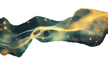 Poster - An abstract image depicts a flowing wave of gold and teal particles with bokeh lights against a black background.