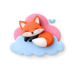 Poster - Cute little fox sleeping on cloud children flat illustration, isolated on a white background