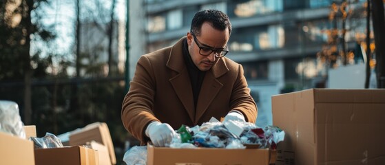 Recycling initiative with man sorting waste materials in urban environment, promoting sustainability and environmental awareness through responsible disposal practices.