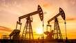 © F - Oil pumps silhouetted against a vibrant sunset, symbolizing the intersection of industrial energy production and natural beauty, highlighting sustainability and resource management