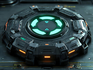 Poster - Futuristic tech device, dark surface. Sci-fi game asset
