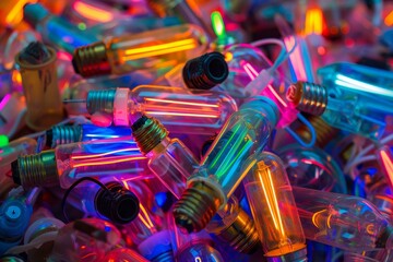 Poster - Colorful neon light bulbs are creating a vibrant and abstract background, showcasing a mix of bright colors and glowing filaments