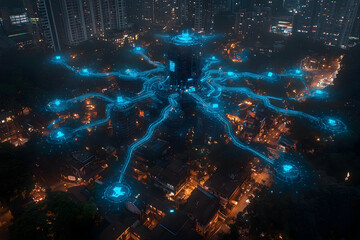 Poster - night city network, data flow, aerial view