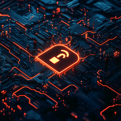 Poster - Cybersecurity Core: An up-close, cinematic perspective on a circuit board with glowing lock symbol that emanates a sense of digital defense and tech intricacy.