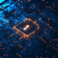 Poster - Cybersecurity lock: A glowing digital lock superimposed on a detailed circuit board. The image symbolizes data protection and online security in a high-tech environment.
