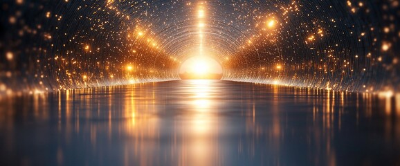 Poster - Glowing tunnel with bright lights and reflections.