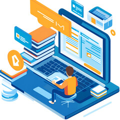 Poster - Digital Workflow: An isometric illustration showcasing a person working on a laptop, surrounded by digital elements and data.