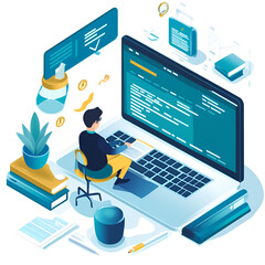 Poster - Digital Workspace: An isometric illustration depicting a modern digital workspace, with a person coding on a laptop, accompanied by various digital and physical elements.
