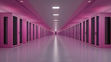 Poster - Pink-lit server room corridor with rows of data storage cabinets.