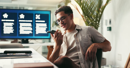 Poster - happy, voice note and man in office, talking and smile for publishing of ebook, speaker or conversat