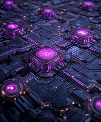 Poster - Futuristic Circuit Board with Glowing Purple Cores and Metallic Pathways
