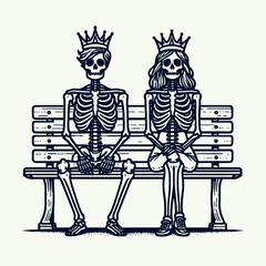 A whimsical illustration of two skeletons wearing crowns, sitting side by side on a park bench, conveying a playful yet eerie vibe.