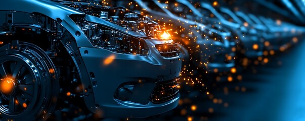 Poster - Disassembled Car Chassis with Engine and Sparks, Automotive Manufacturing