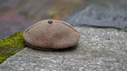 Classic brown newsboy cap on stone surface with moss. Suitable for vintage fashion and traditional headwear photography.