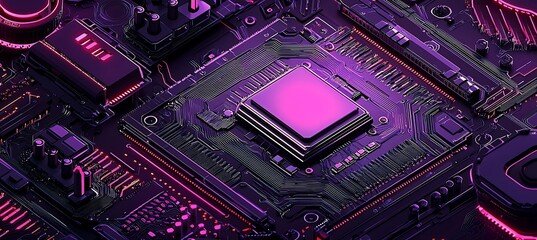Fototapete - Abstract Close-up of a Futuristic Motherboard with Pink Neon Lighting