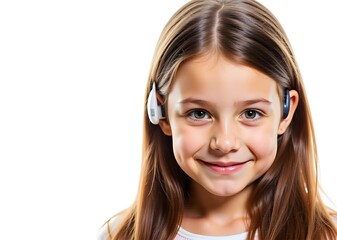 Close up of girl wearing hearing aids on white background