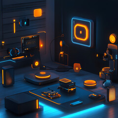 Poster - Neon-lit Tech Laboratory: A captivating image of a futuristic tech laboratory illuminated by vibrant neon lights, showcasing a collection of technological devices, gadgets.