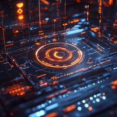 Fototapete - Digital Circuitry: A close-up view of futuristic digital circuitry. Intense orange and blue hues with intricate patterns. Capturing the essence of cutting-edge technology.