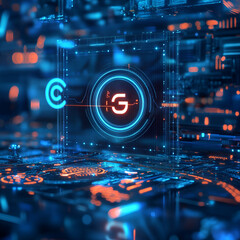 Poster - Circuit Board: An intricately designed circuit board glows with neon blue and orange lights, symbolizing the heart of modern technology and innovation.