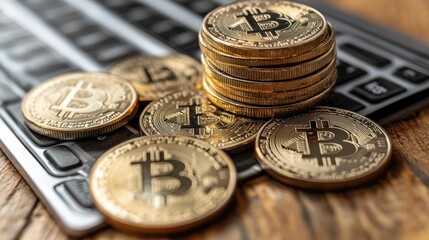 Fototapete - A close-up view of stacked golden Bitcoin coins placed on a calculator, symbolizing cryptocurrency investment and modern finance.