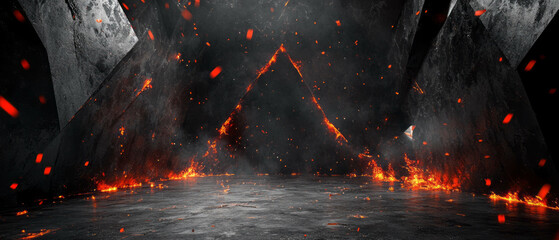Poster - Vibrant abstract geometric shapes and fire sparks on a striking black background