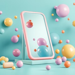 Poster - Pastel Colored Spheres Floating Around Pink Mirror Reflection Abstract Background 3D Render