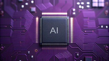 Poster - AI chip on a purple circuit board, representing advanced technology and innovation