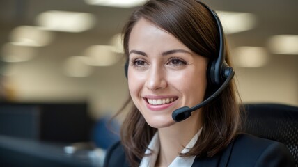 Poster - Smiling woman wearing a headset, showcasing customer service and support in a call center against a blurred office background
