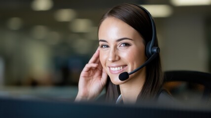 Poster - Smiling woman wearing a headset, showcasing customer service and support in a call center against a blurred office background