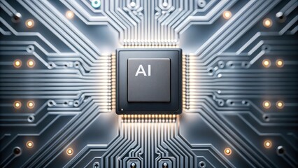 Poster - AI chip on a silver circuit board, representing advanced technology and innovation