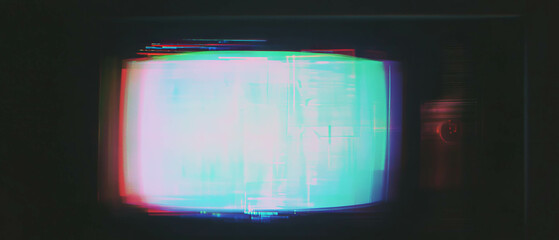Poster - Distorted colors on an analog TV screen showcasing chaotic signal effects at night