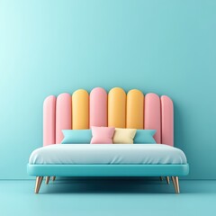 Poster - Pastel Pink Yellow Teal Modern Bed Design Minimalist Bedroom Interior Stylish Headboard Home Decor