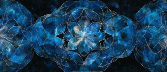 Poster - Exploration of dynamic blue geometric watercolor patterns on structured black background