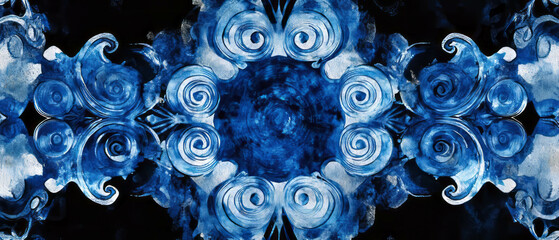 Poster - Vibrant blue geometric watercolor patterns on a striking black background enhance visual appeal