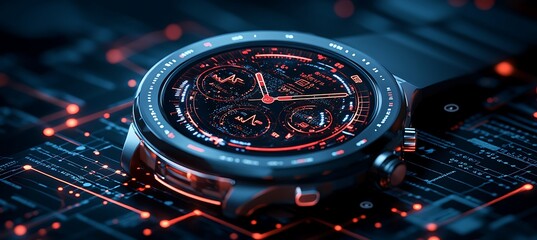 Poster - Futuristic Smartwatch with Red and Blue Digital Display on Circuit Board