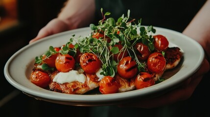 Wall Mural - Grilled chicken topped with roasted tomatoes fresh greens