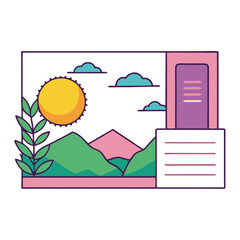 Poster - This postcard features a vibrant landscape with mountains, a bright sun, and fluffy clouds. A blank area is provided for personal messages, perfect for sharing memories and greetings