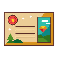 Poster - This postcard features a vibrant design with a mountain landscape, a shining sun, and a colorful diamond shape. Ideal for sending greetings or reminders of a lovely destination