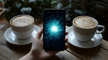 Poster - woman views energy burst on phone, coffee shop