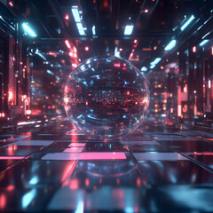 Poster - Crystal Sphere in Cyber Space: A mesmerizing crystal sphere hovers in a futuristic cyber space. with glowing lights, conveying the essence of technology, innovation and the digital world.