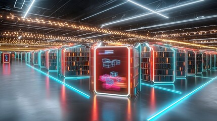 Aufkleber - Futuristic and fully automated cyber warehouse with holographic real time inventory tracking robotic sorting systems