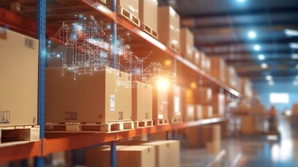 Fototapete - Cutting edge automated warehouse featuring intelligent robotic pickers seamless holographic logistics tracking and AI driven real time inventory control  Showcasing a neon lit