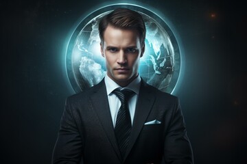 Poster - Businessman with arms crossed and digital globe floating behind, representing global business and technology