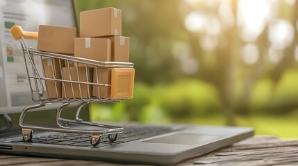 Poster - Overflowing shopping cart filled with packages positioned alongside a sleek laptop displaying an online shopping site representing the modern digital retail experience and e commerce concept